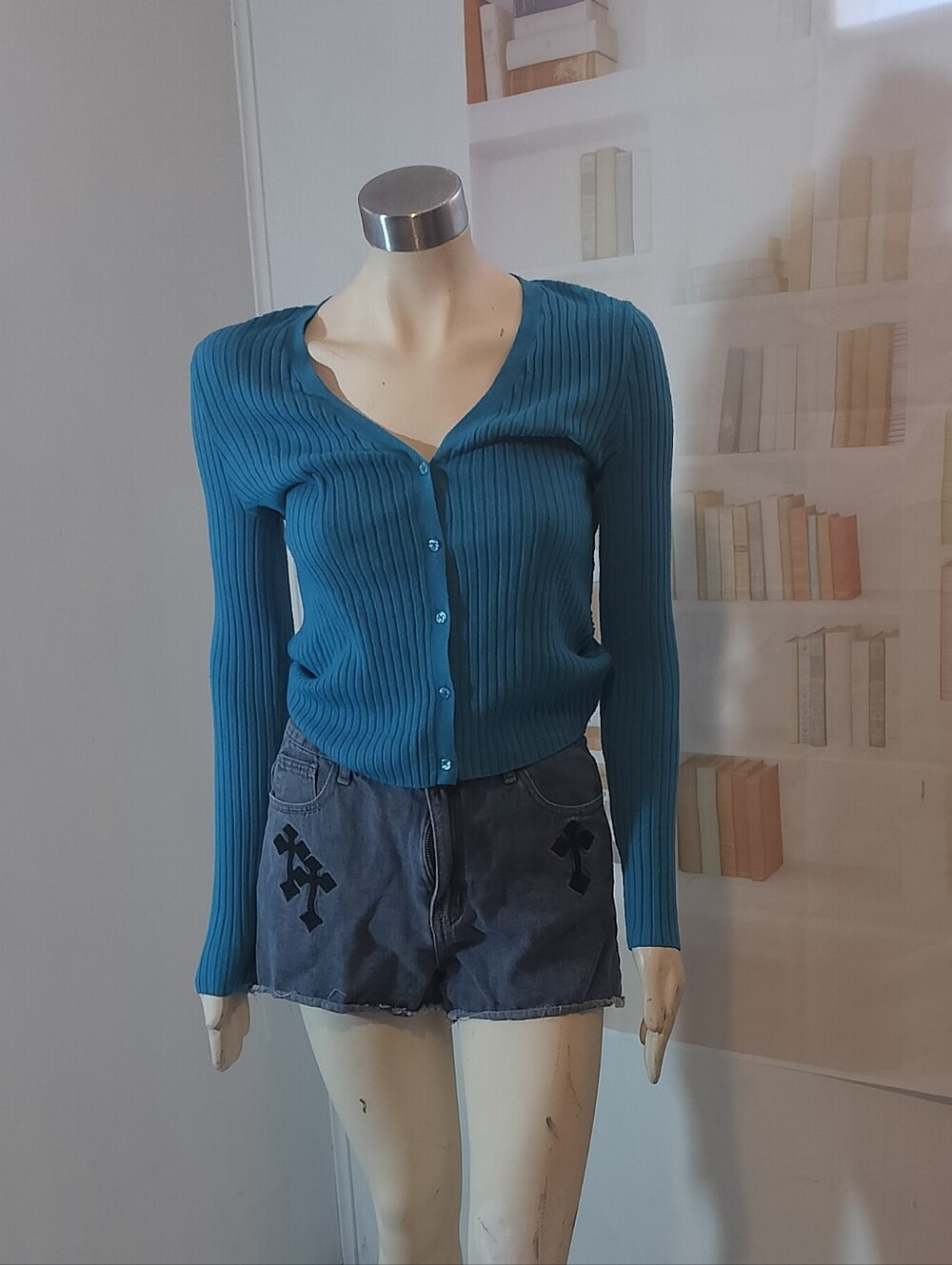 ROMWE Teal Ribbed Button-Up Long Sleeve Top